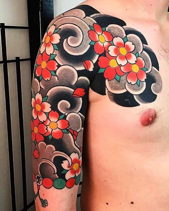 Half Sleeve Cherry Blossom Tattoo by Caio Pineiro