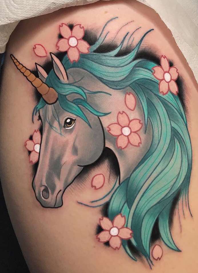 Unicorn and Cherry Blossom Tattoo by Chris Stockings